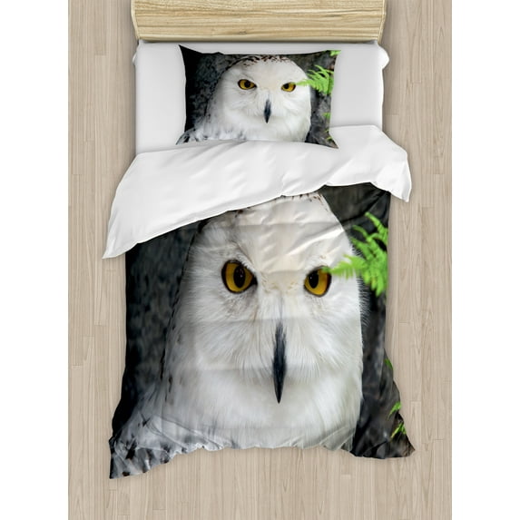 Ambesonne Wizard Duvet Cover Sets, Magician Pet White Owl, 2-Twin, White Green Black