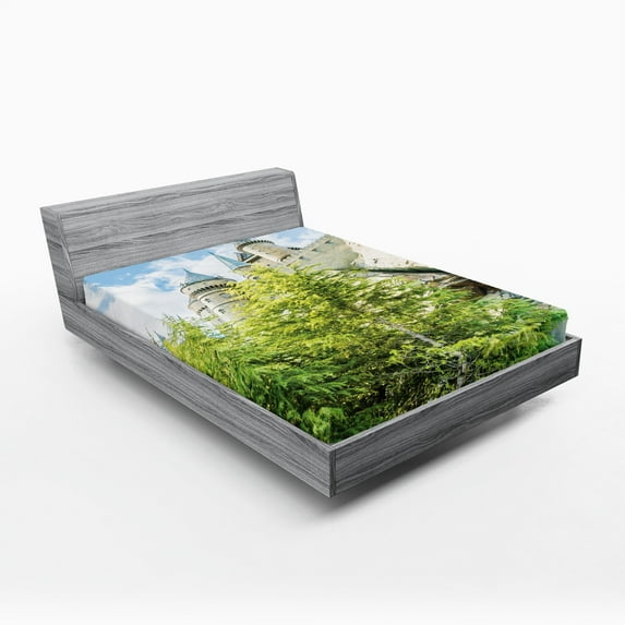 Ambesonne Wizard Fitted Sheet, Witchcraft Castle Japan, Queen Size, Green Blue Beige