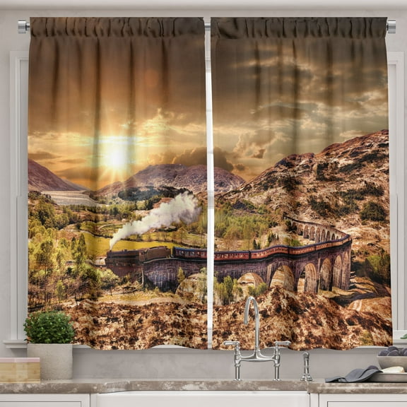 Ambesonne Wizard Kitchen Curtains, Famous Train Station, 55"x36", Brown