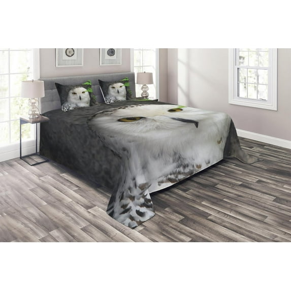 Ambesonne Wizard Quilted Coverlet 3 Pcs, Magician Pet White Owl, King Size, White Green Black