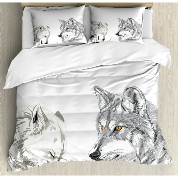 Ambesonne Wolf Duvet Cover Set, Sketchy Portraits Wildlife, Queen, Beige Grey Orange