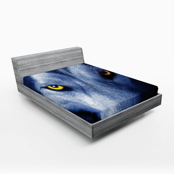 Ambesonne Wolf Fitted Sheet, Howling Under Full Moon, King Size, Blue Pale Blue