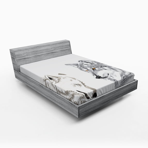 Ambesonne Wolf Fitted Sheet, Sketchy Portraits Wildlife, Queen Size, Beige Grey Orange