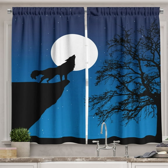 Ambesonne Wolf Kitchen Curtains, Howling Wild Animal Drawing, 55"x30", Charcoal Grey and Violet Blue
