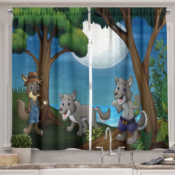 Ambesonne Wolf Kitchen Curtains, Wild Animals Drawing Print, 55"x30", Sea Blue Dark Cocoa Green