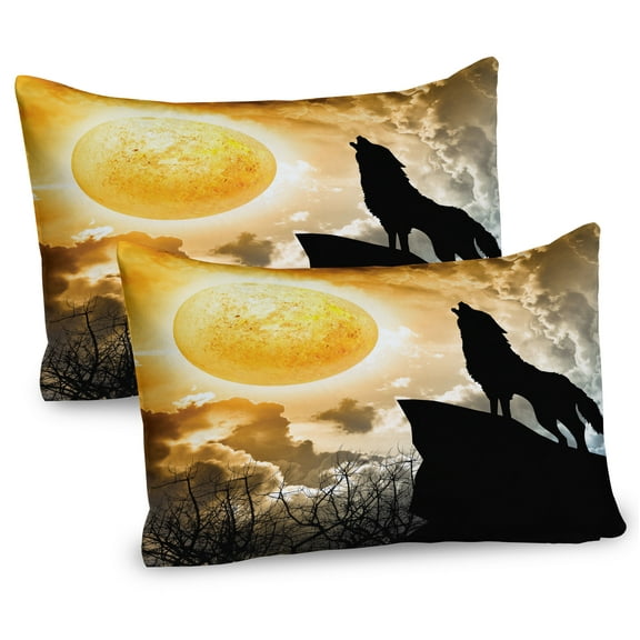 Ambesonne Wolf Pillow Sham 2 Pack, Howling Animal Silhouette Hill, 30"x20", Yellow and Black