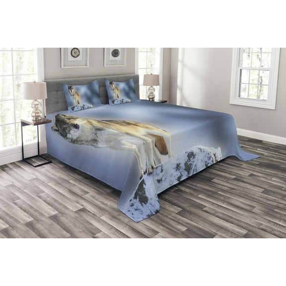 Ambesonne Wolf Quilted Bedspread Set 3 Pcs, Carnivore Canine in Snow, King Size, Multicolor
