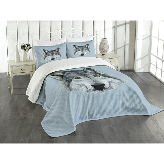 Ambesonne Wolf Quilted Bedspread Set 3 Pcs, Detailed Canine Expression, Queen Size, Black Beige Bluegrey