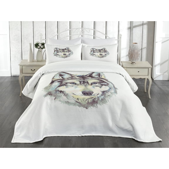 Ambesonne Wolf Quilted Bedspread Set 3 Pcs, Hand Drawn Canine Head, Queen Size, Pale Green Umber