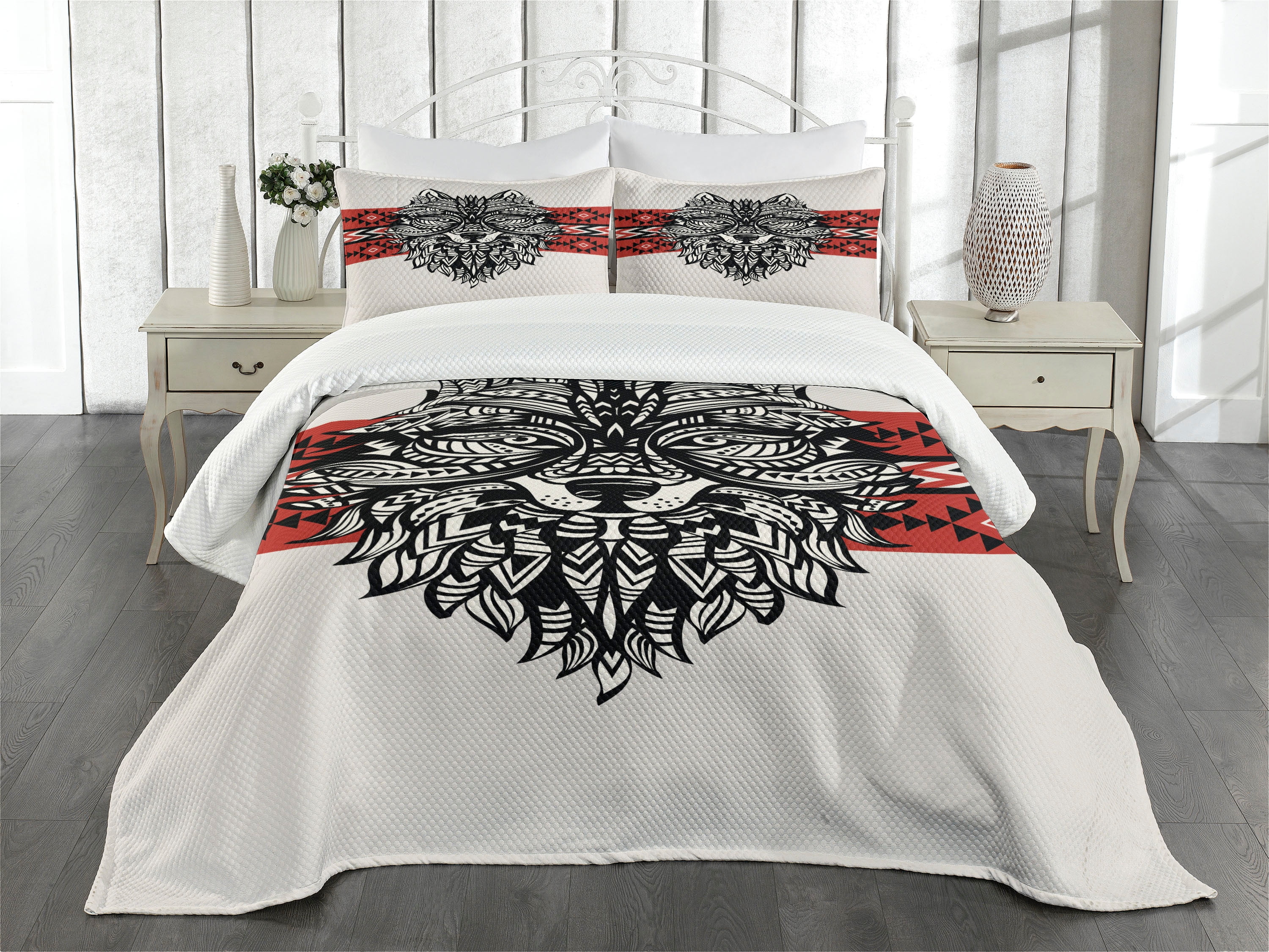 Ambesonne Wolf Quilted Bedspread Set 3 Pcs, Tattoo Style Animal Face ...