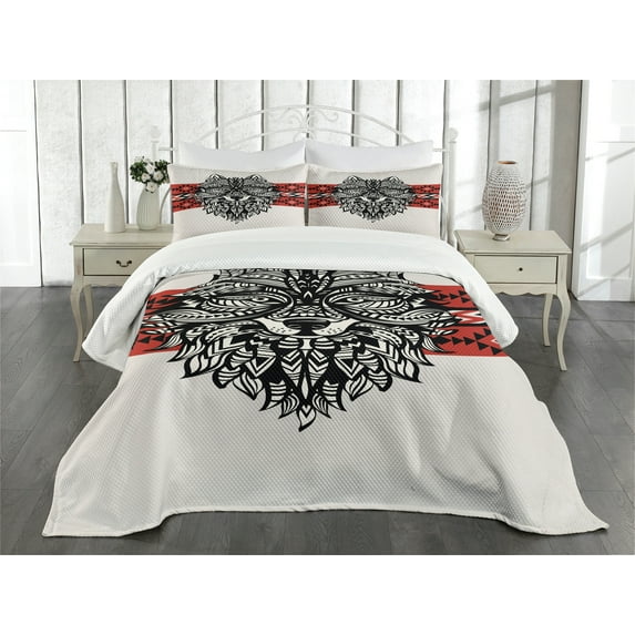 Ambesonne Wolf Quilted Bedspread Set 3 Pcs, Tattoo Style Animal Face, Queen Size, Red Black Cream