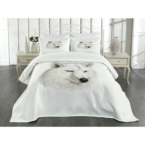Ambesonne Wolf Quilted Bedspread Set 3 Pcs, White Canine Head Mammal, King Size, Black Beige Yellow