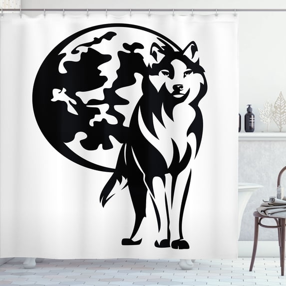 Ambesonne Wolf Shower Curtain, Full Moon and Animal Drawing, 69"Wx70"L, Charcoal Grey and White