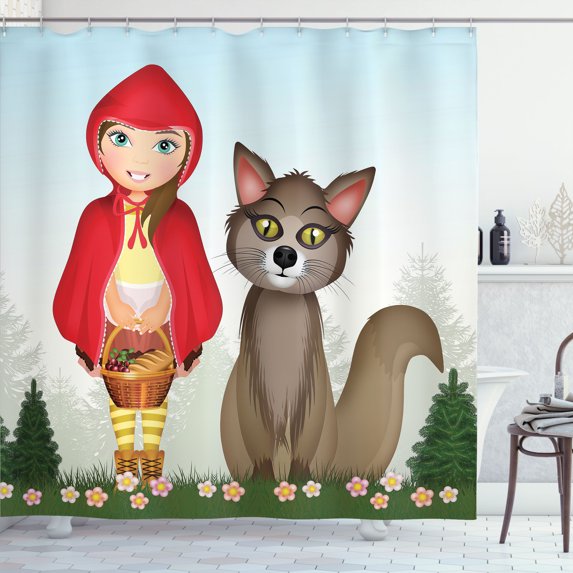 Ambesonne Wolf Shower Curtain, Red Riding Hood in Forest Art, 69"Wx84"L, Dark Coral and Warm Taupe