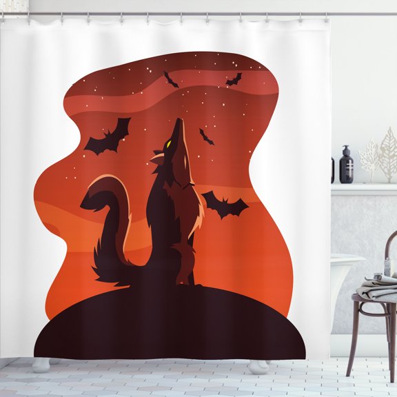 Ambesonne Wolf Shower Curtain, Wild Animal with Bats Drawing, 69"Wx70"L, Paprika Dark Maroon Grey