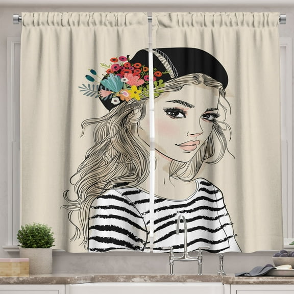 Ambesonne Woman Art Kitchen Curtains, Parisian Young Lady Flora, 55"x30", Eggshell and Multicolor