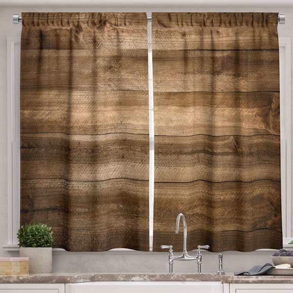Ambesonne Wood Frame Kitchen Curtains, Brown Planks Pattern Art, 55"x24", Pale Caramel Camel and Rust