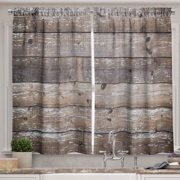 Ambesonne Wood Frame Kitchen Curtains, Damaged Old Plank Art, 55"x45", Warm Taupe and Pale Sepia