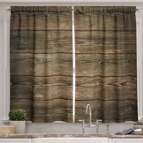 Ambesonne Wood Frame Kitchen Curtains, Vintage Grungy Planks, 55"x39", Fawn Taupe and Pale Brown