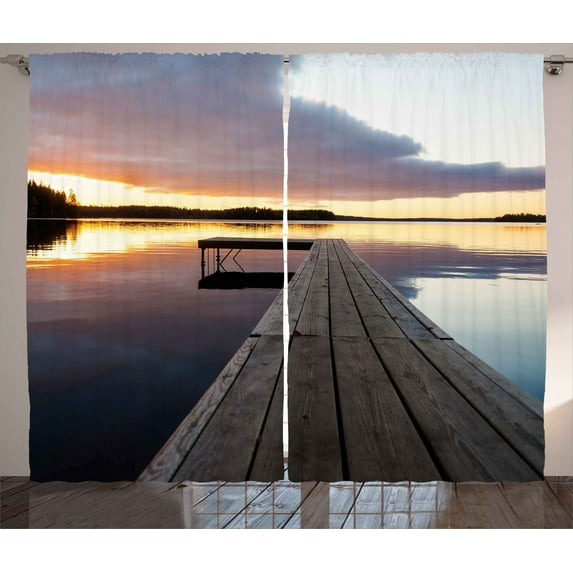 Ambesonne Wooden Curtains 2 Panel Set, Rustic Pier Sunset Lake, 108" x 84", Multicolor