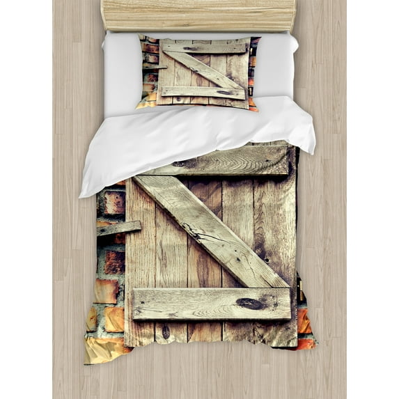 Ambesonne Wooden Duvet Cover Sets, Natural Red Brick House, 2-Twin, Pale Brown