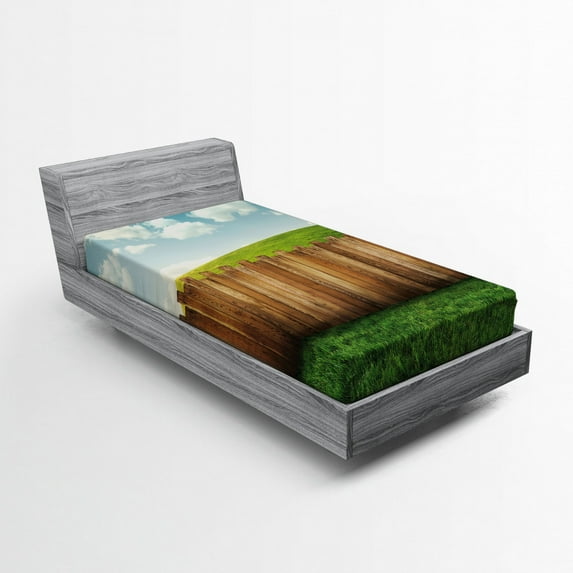 Ambesonne Wooden Fitted Sheet, Cloudy Sky Above Garden, Twin XL Size, Green Brown