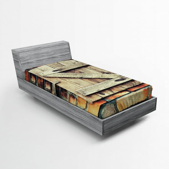 Ambesonne Wooden Fitted Sheet, Natural Red Brick House, Twin XL Size, Pale Brown