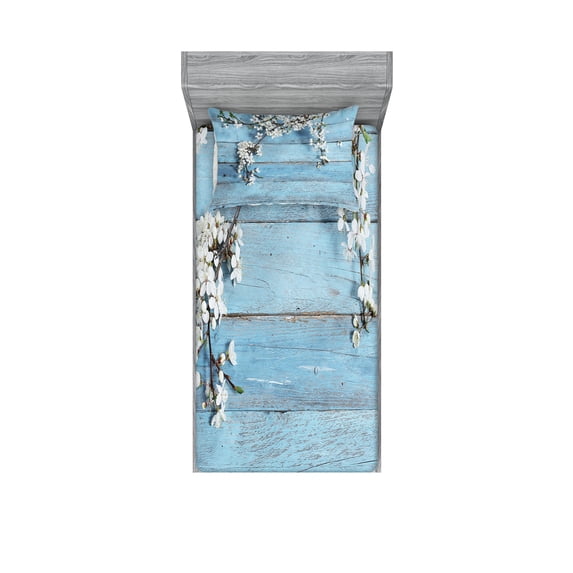 Ambesonne Wooden Fitted Sheet & Pillow Sham Set, Spring Flowers Branches, Twin, White Pale Blue