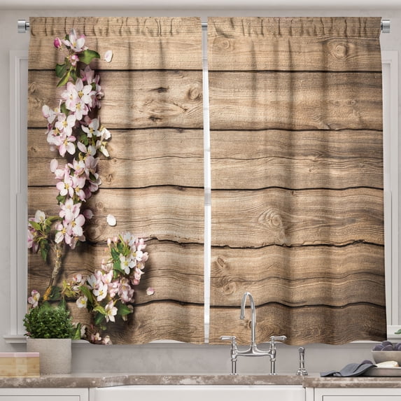 Ambesonne Wooden Kitchen Curtains, Blooming Orchard Spring, 55"x45", Pink Brown Green