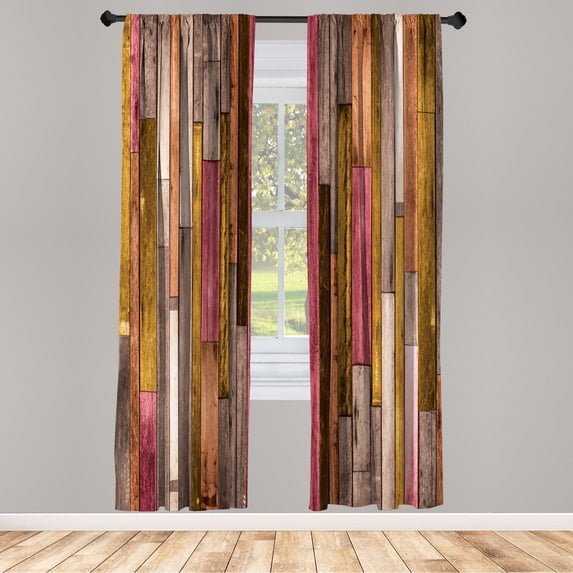 Ambesonne Wooden Print Curtains, Brownish Rustic Art, Pair of 28"x63", Almond Ecru
