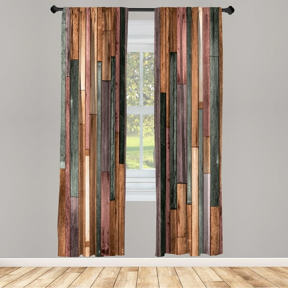 Ambesonne Wooden Print Curtains, Brownish Rustic Art, Pair of 28"x84", Evergreen Blush