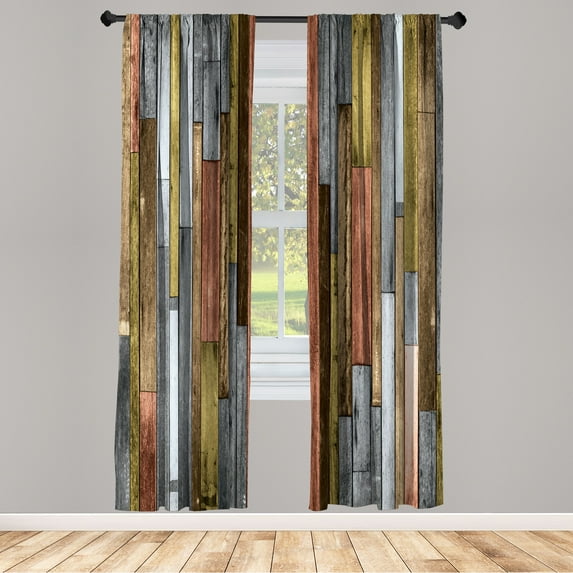 Ambesonne Wooden Print Curtains, Grunge Rustic Print, Pair of 28"x63", Blue Grey