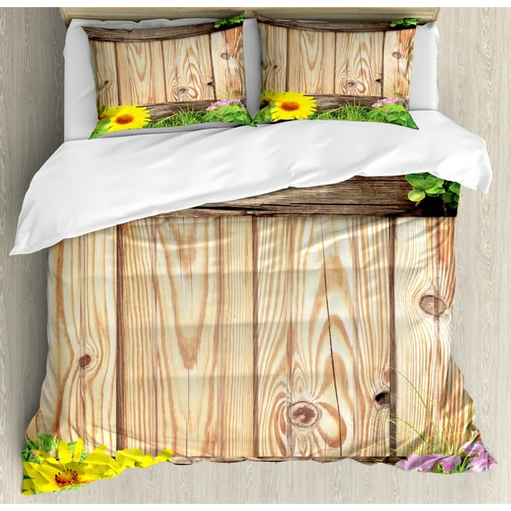 Ambesonne Wooden Print Duvet Cover Sets, Garden Fence Butterfly, 2-King, Brown Green Yellow