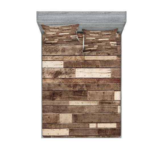 Ambesonne Wooden Print Fitted Sheet & Pillow Sham Set, Brown Farmhouse Style, Full, Brown