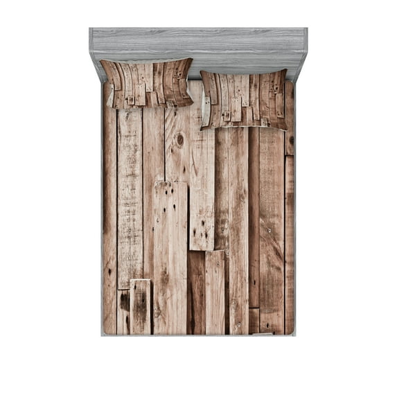 Ambesonne Wooden Print Fitted Sheet & Pillow Sham Set, Vintage Barn Floor Art, Queen, Grey Brown