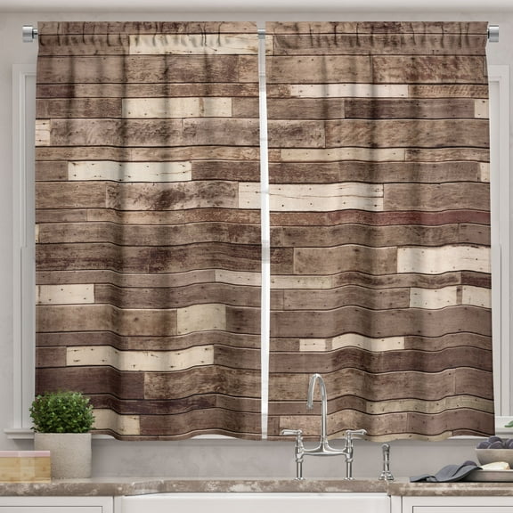 Ambesonne Wooden Print Kitchen Curtains, Brown Farmhouse Style, 55"x39", Brown