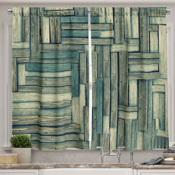 Ambesonne Wooden Print Kitchen Curtains, Old Vintage Classic, 55"x45", Sage Green Beige