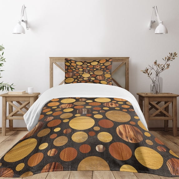 Ambesonne Wooden Print Quilted Bedspread Set 2 Pcs, Brown Abstract Circles, Twin Size, Brown