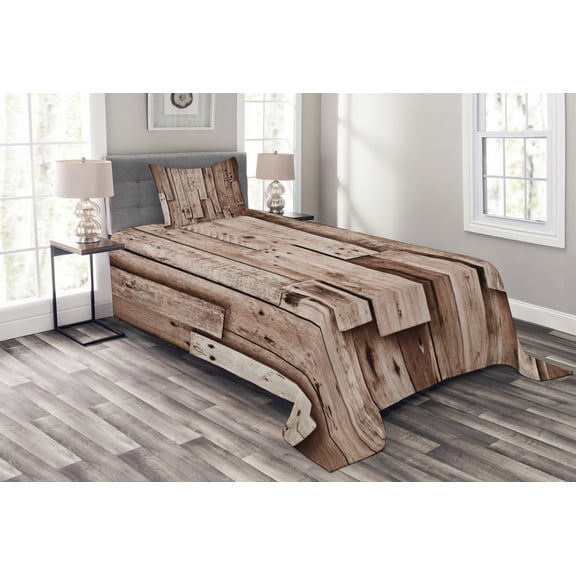Ambesonne Wooden Print Quilted Bedspread Set 2 Pcs, Vintage Barn Floor Art, Twin Size, Grey Brown