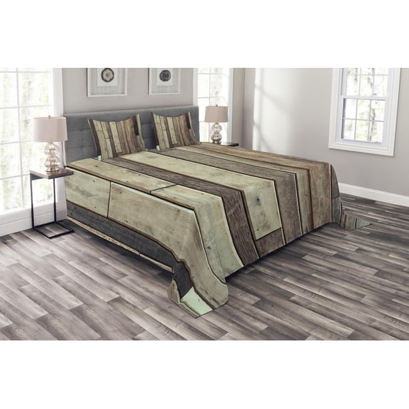 Ambesonne Wooden Print Quilted Bedspread Set 3 Pcs, American Western Style, Queen Size, Brown