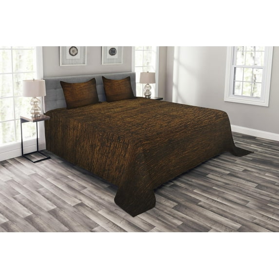 Ambesonne Wooden Print Quilted Bedspread Set 3 Pcs, Antique Timber Vintage, King Size, Chestnut and Brown