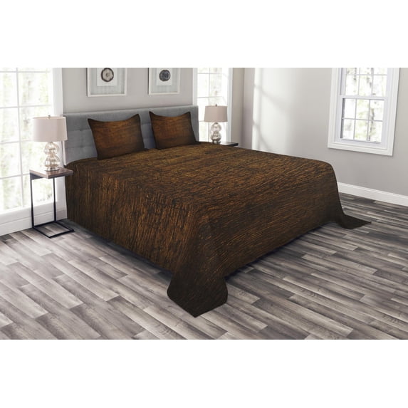 Ambesonne Wooden Print Quilted Bedspread Set 3 Pcs, Antique Timber Vintage, Queen Size, Chestnut and Brown