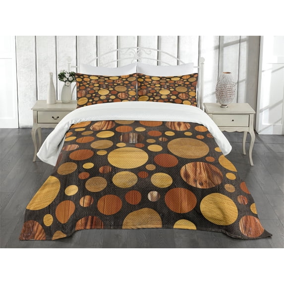 Ambesonne Wooden Print Quilted Bedspread Set 3 Pcs, Brown Abstract Circles, Queen Size, Brown