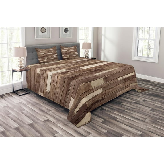 Ambesonne Wooden Print Quilted Bedspread Set 3 Pcs, Brown Farmhouse Style, Queen Size, Brown