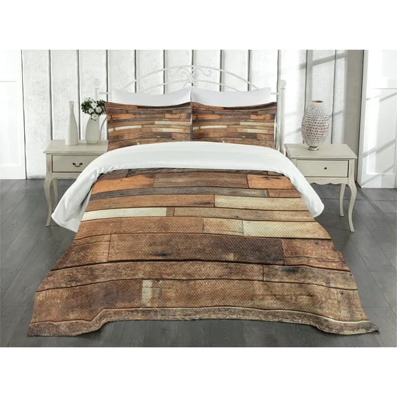 Ambesonne Wooden Print Quilted Bedspread Set 3 Pcs, Brown Rustic Floor, King Size, Brown