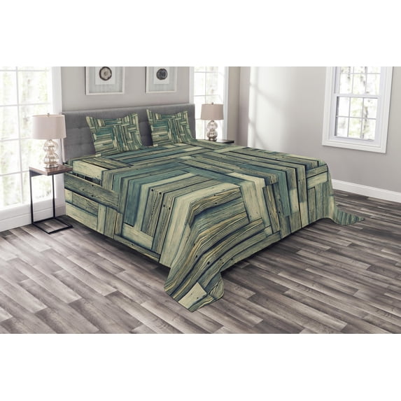 Ambesonne Wooden Print Quilted Bedspread Set 3 Pcs, Old Vintage Classic, Queen Size, Sage Green Beige