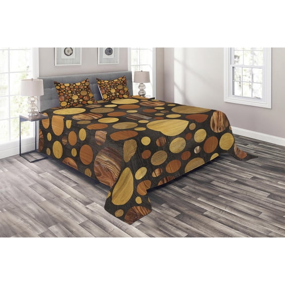 Ambesonne Wooden Print Quilted Coverlet 3 Pcs, Brown Abstract Circles, King Size, Brown