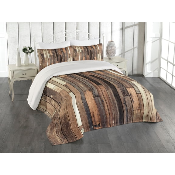 Ambesonne Wooden Print Quilted Coverlet 3 Pcs, Old Floor Rustic Style, King Size, Brown