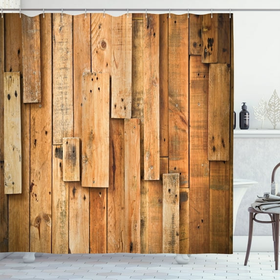Ambesonne Wooden Print Shower Curtain, Lodge Wall Planks, 69"Wx84"L, Burnt Orange Orange