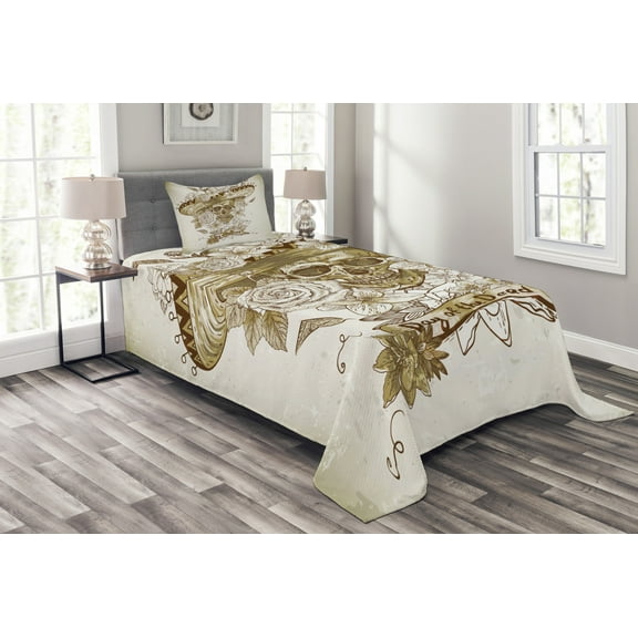 Ambesonne Wooden Quilted Bedspread Set 2 Pcs, Spanish Dead Hat, Twin Size, Khaki Beige